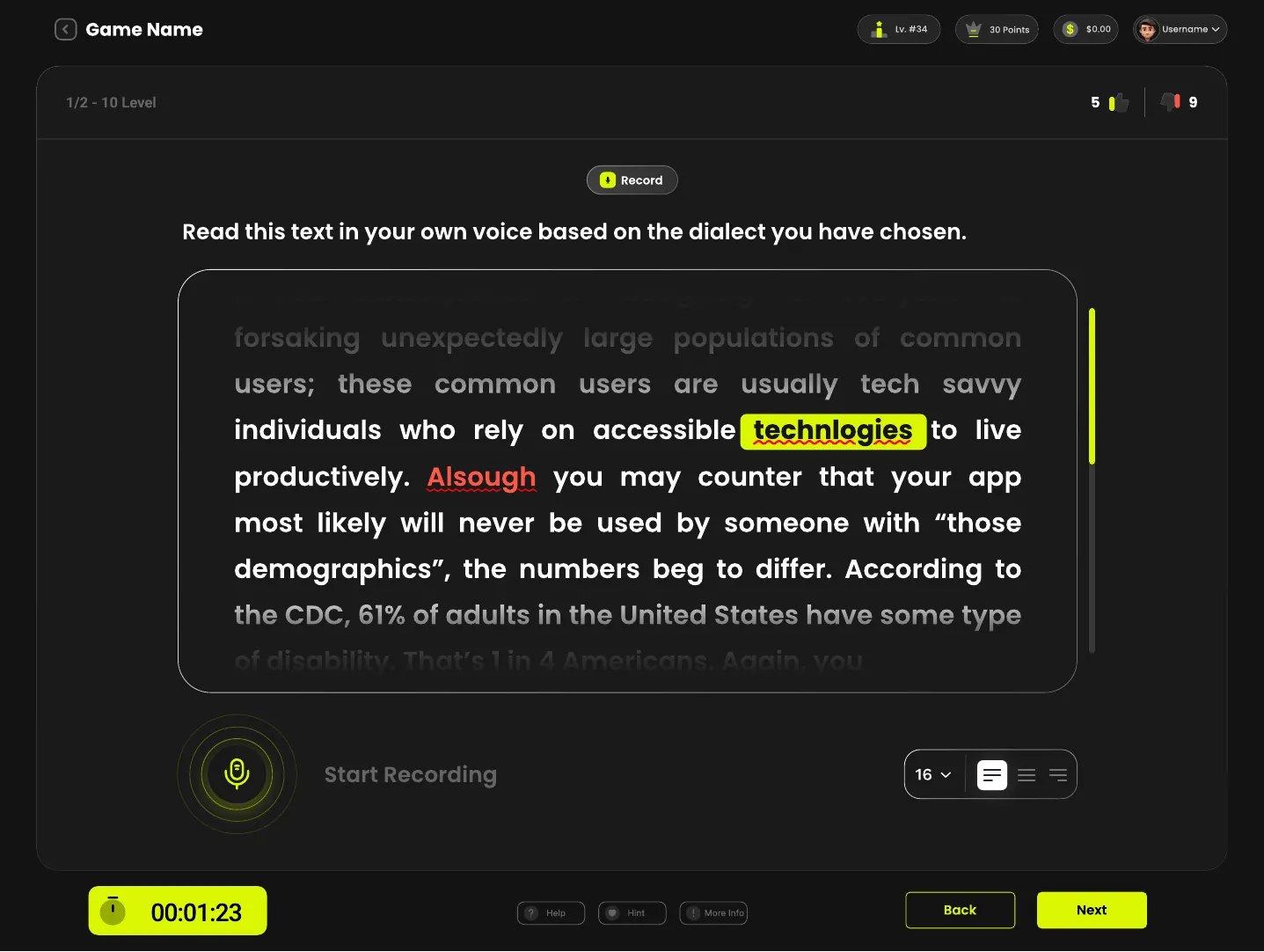 Game: read aloud for text to speech